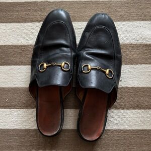 Gucci Black Leather Mules with Gold Detail